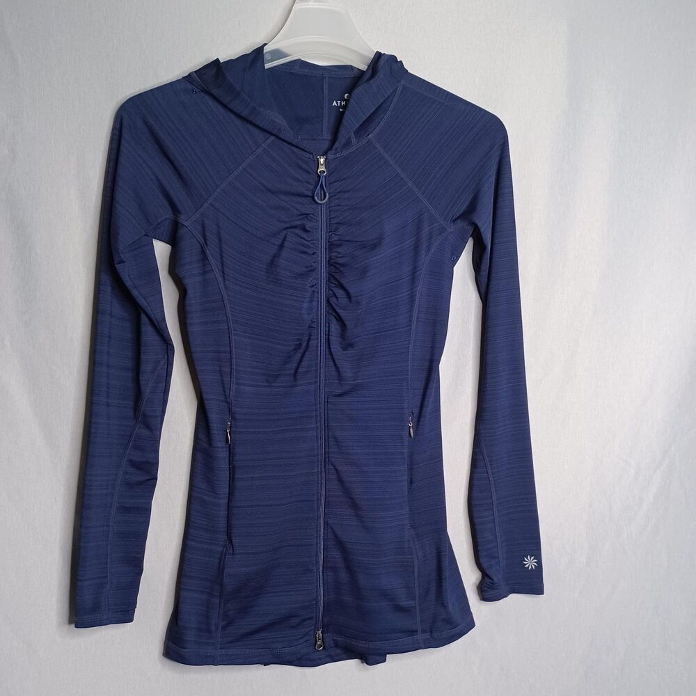 Athleta Track Jacket Womens XS Blue Hooded Longline Ruched Zip Up Running